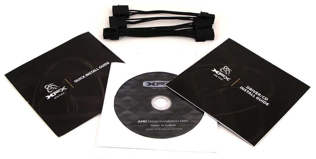 Der Lieferumfang der XFX Radeon R9 390X DD Black Edition auf einen Blick.