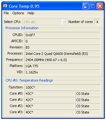 Temperaturmessungen mit Core Temp beim Core 2 Quad Q6600 (aktiviertes C1E und EIST).