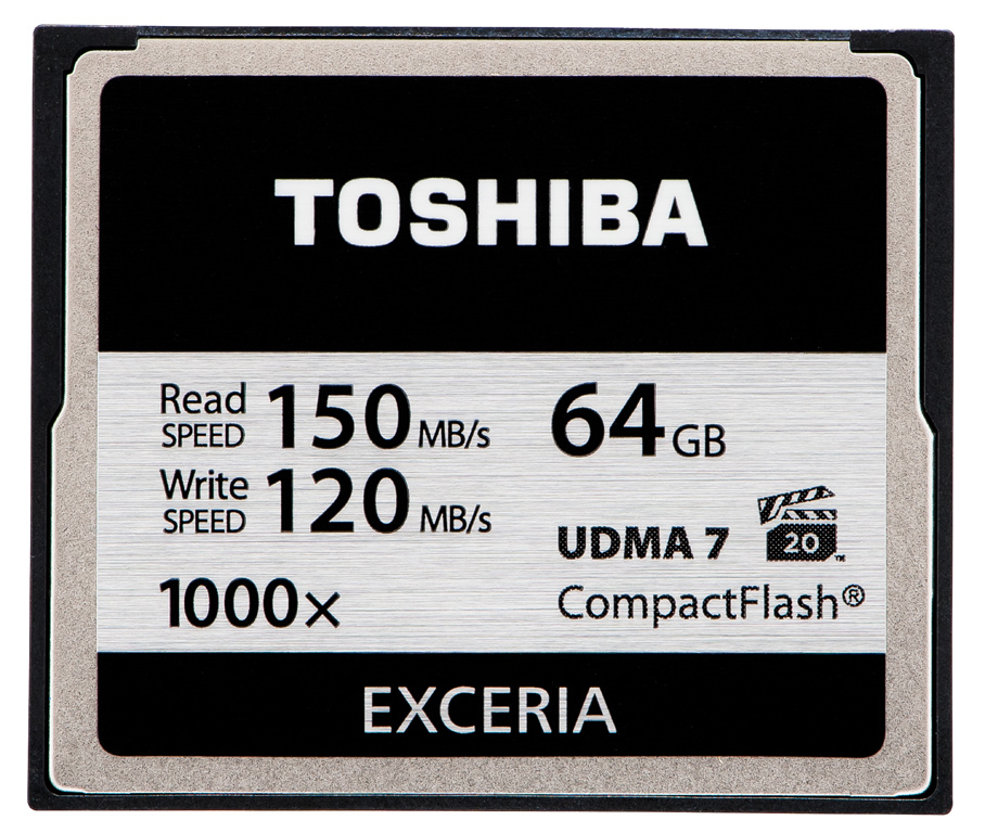 Toshiba Exceria CompactFlash mit 1000x Klassifizierung sowie Support für UDMA-7-Zugriffsprotokoll (Ultra Direct Mode Access 7) und das Video Performance Guarantee Profile 2 (VPG-20).