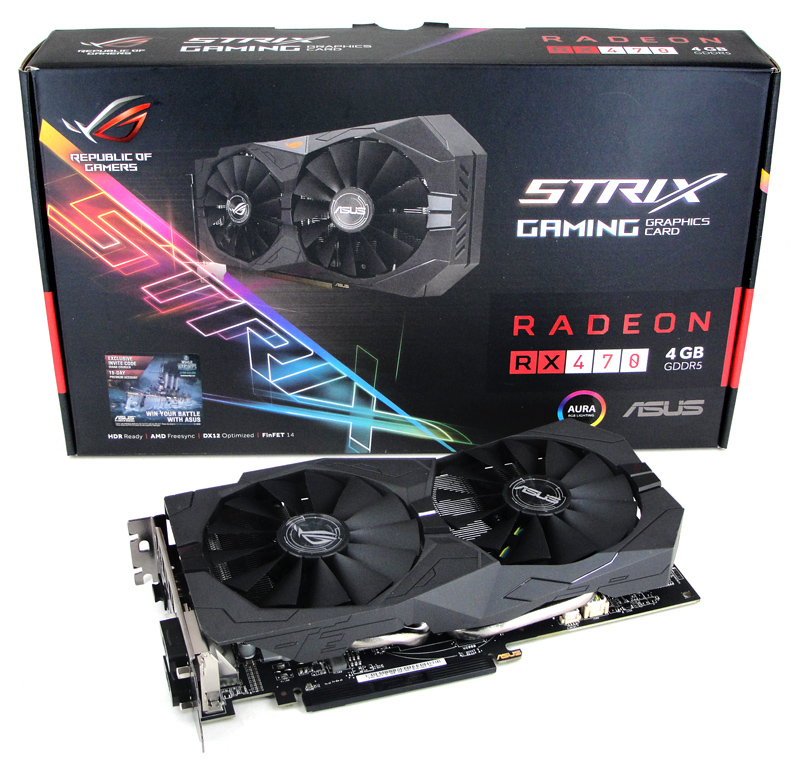 Die ASUS ROG STRIX Radeon RX 470 OC samt Verpackung abgelichtet.