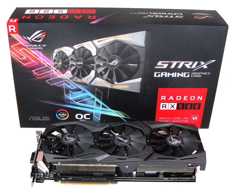 Die ASUS ROG STRIX Radeon RX 580 OC samt Verpackung abgelichtet.