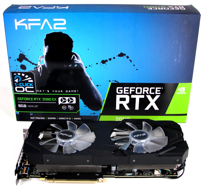Die Verpackung der KFA2 GeForce RTX 2080 EX (1-Click OC) samt der Grafikkarte selbst abgelichtet.