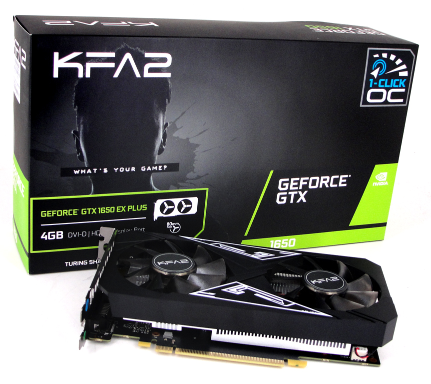 Die Verpackung der KFA2 GTX 1650 EX PLUS (1-Click OC) samt der Grafikkarte selbst abgelichtet.