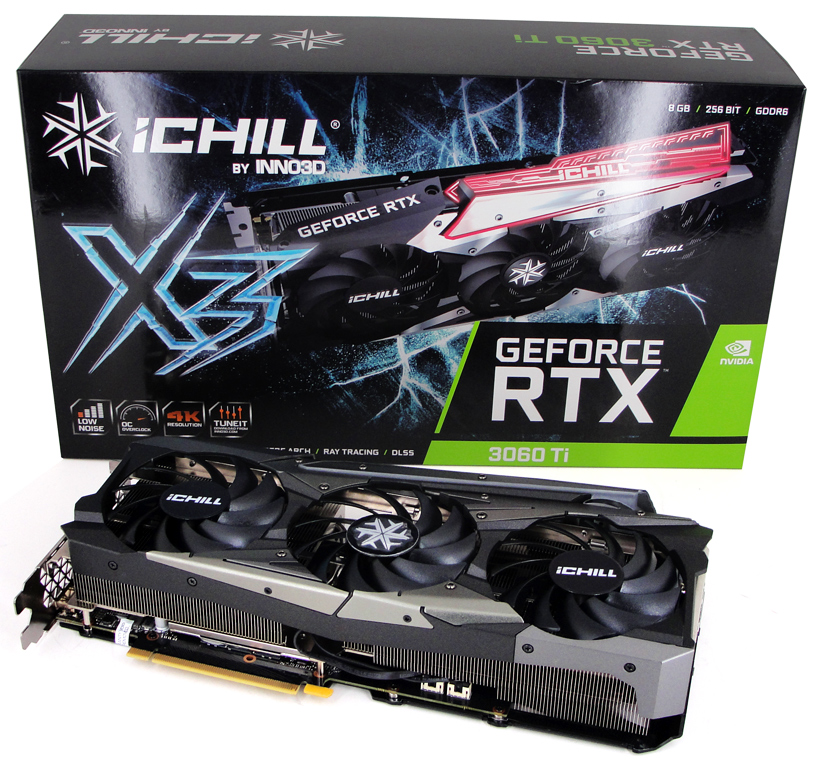 Die Inno3D GeForce RTX 3060 Ti iCHILL X3 Red Grafikkarte samt Verpackung auf einen Blick.