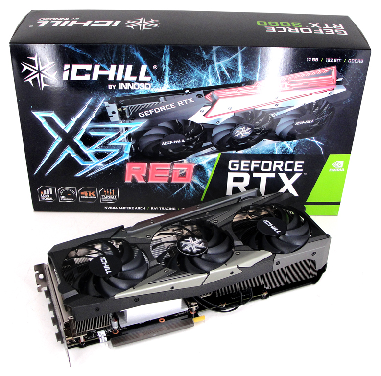 Die INNO3D GeForce RTX 3060 iCHILL X3 Red Grafikkarte samt Verpackung auf einen Blick.