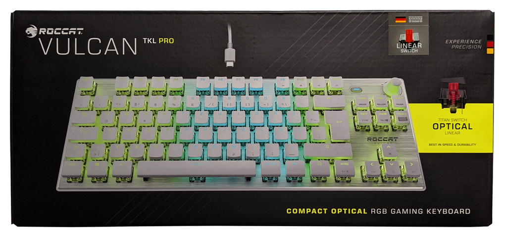 Die Verpackung der neuen Farbvariante der Vulcan TKL Pro Tastatur in Arctic White.