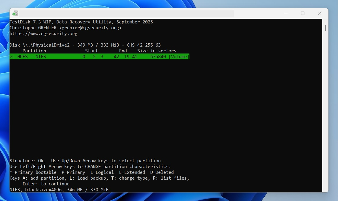 TestDisk: Gefundene Partition prüfen